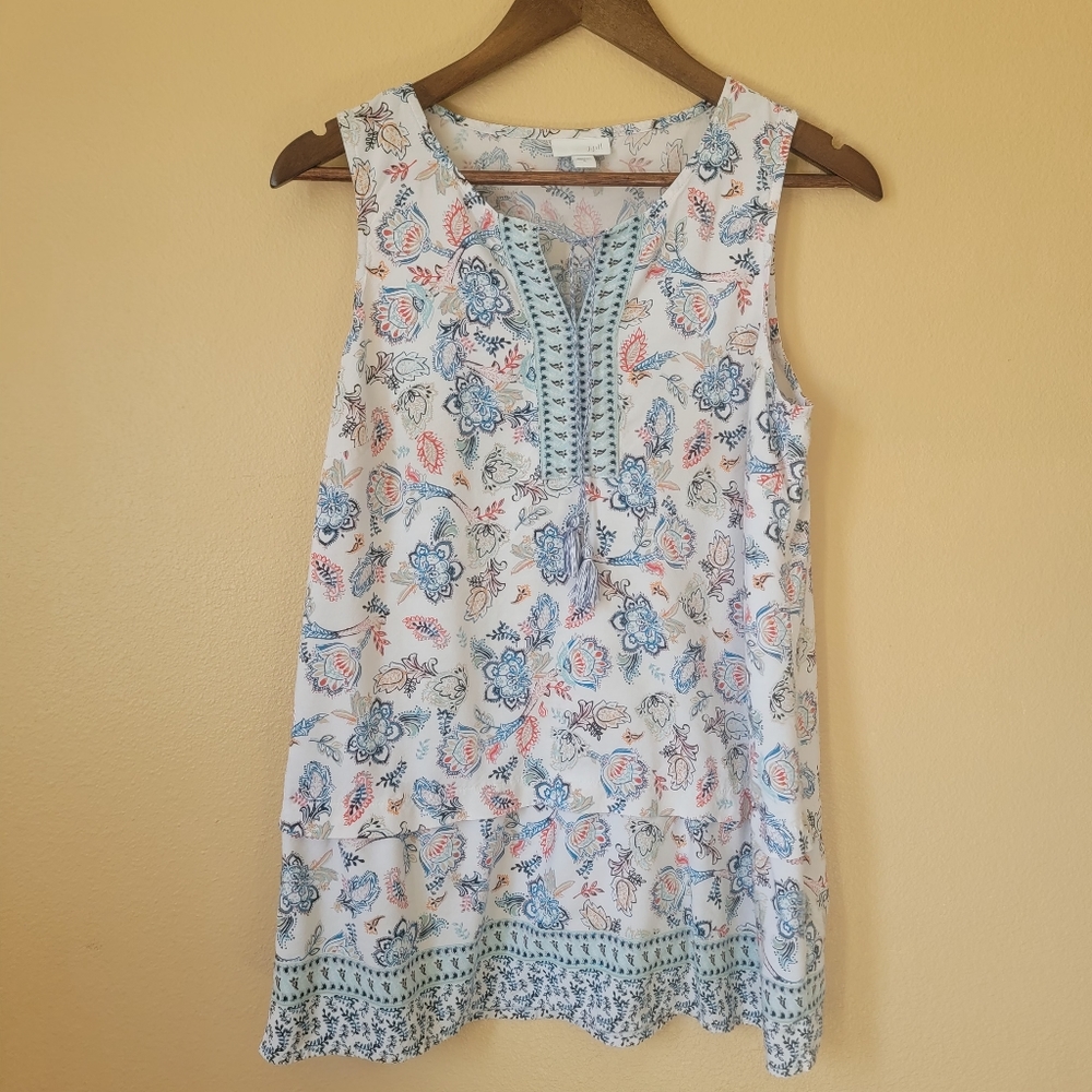 J. Jill Sleevelss Women's Top White Blue Floral Paisley Tiered Size S